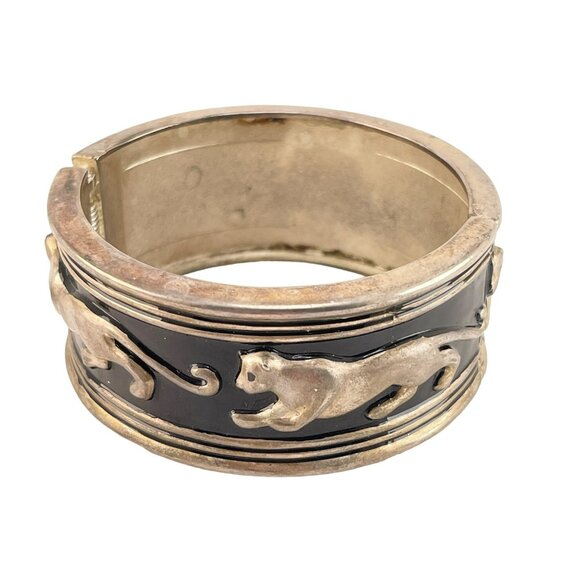Walking Leopard Enamel and Silver Plate Bangle Bracelet Hinged Black Silver - Picture 2 of 6